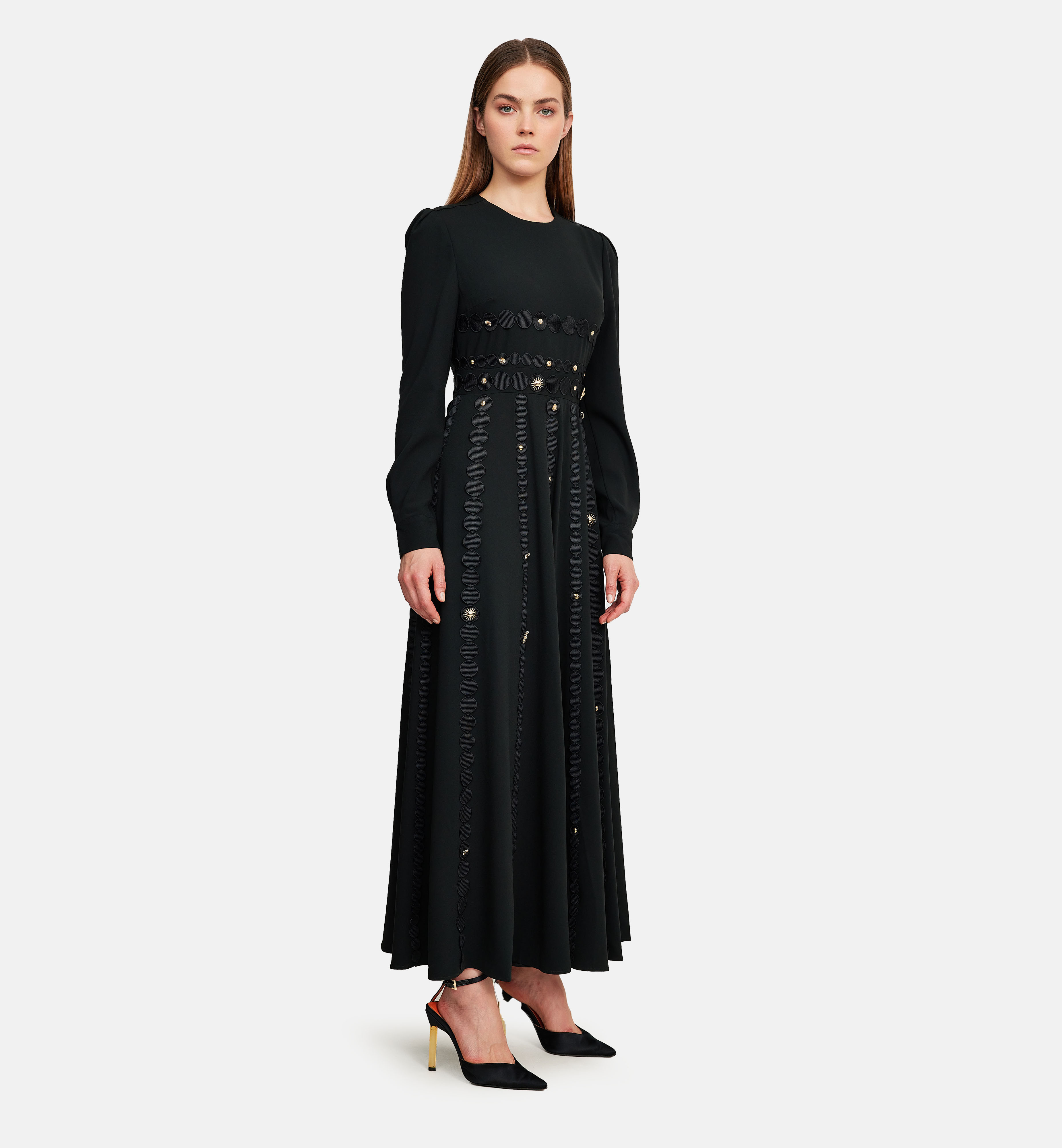 Circles lace ribbon with gold elements midi dress, black