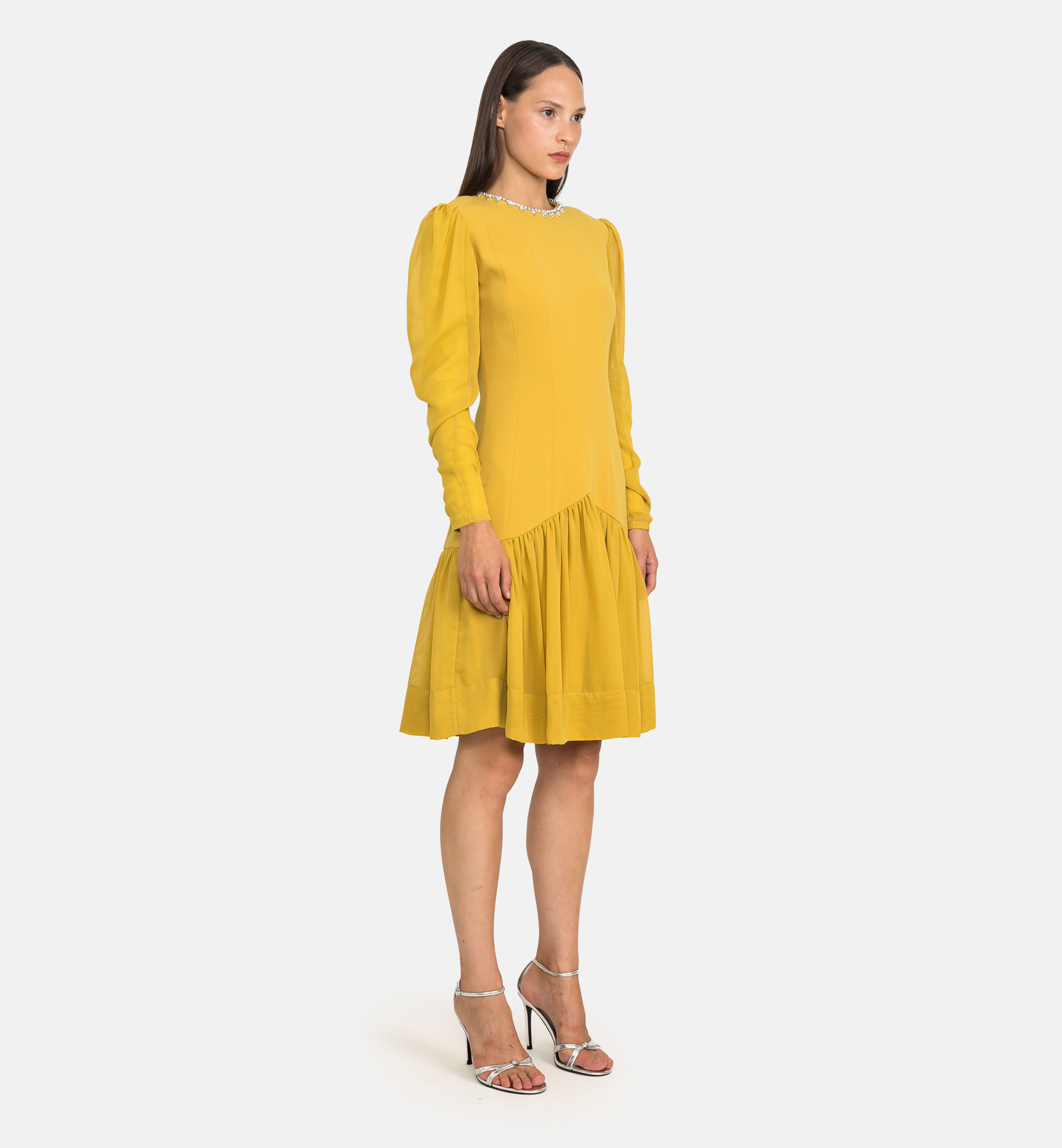 Tailored Woven Dress with Chiffon Panels, yellow