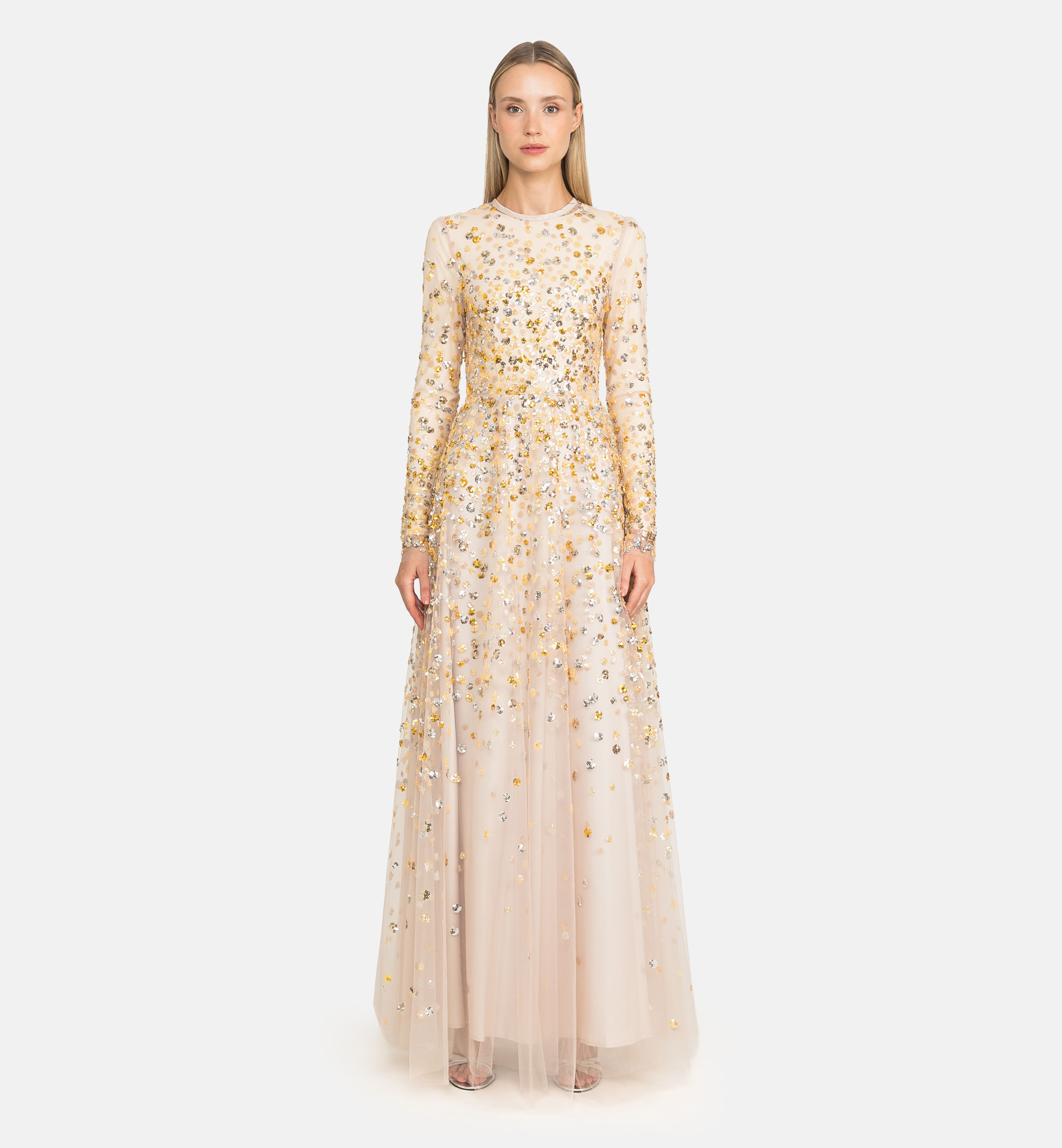Sequin-cluster tulle maxi dress, gold