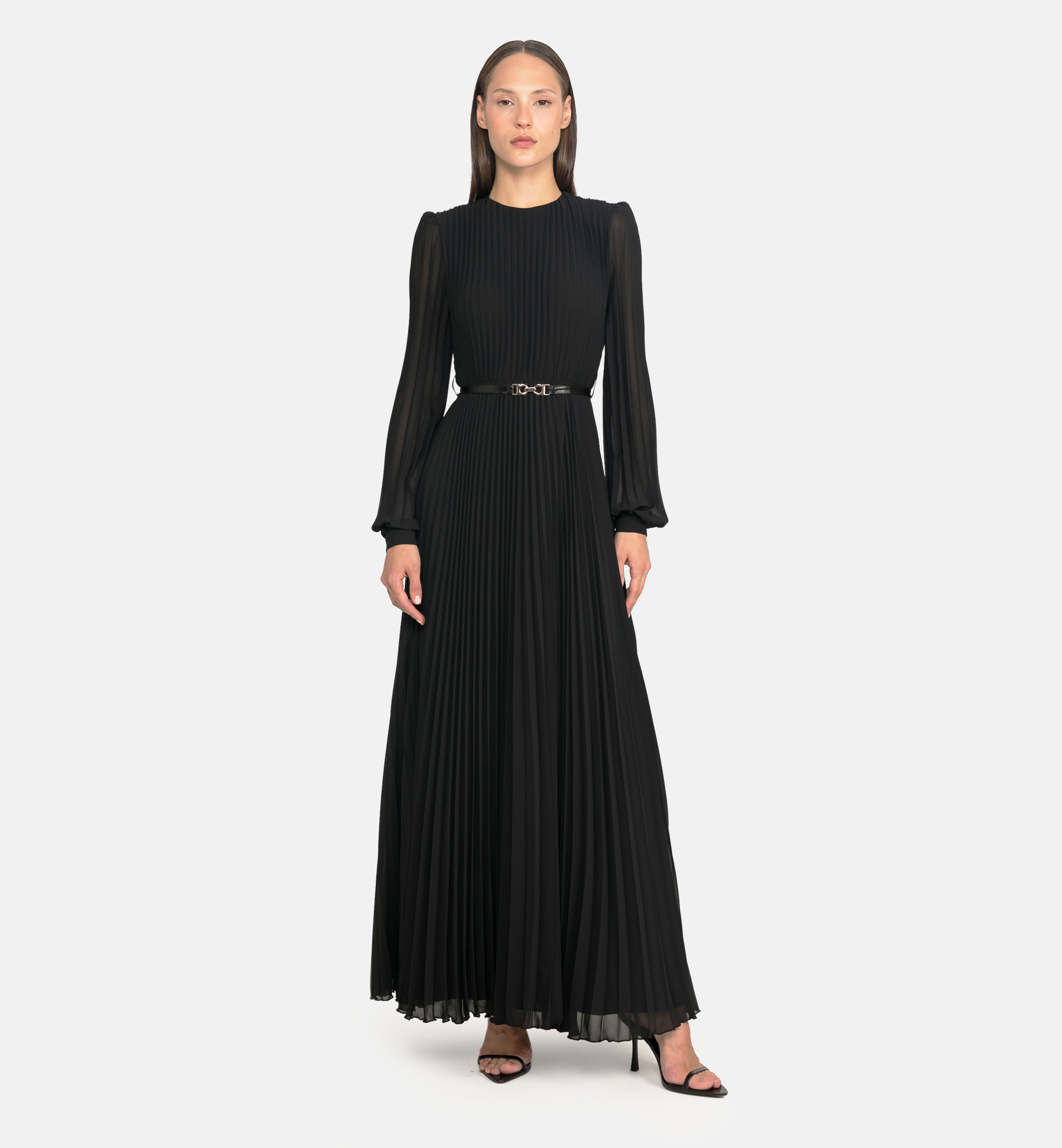 Pleated Chiffon Maxi Dress, black