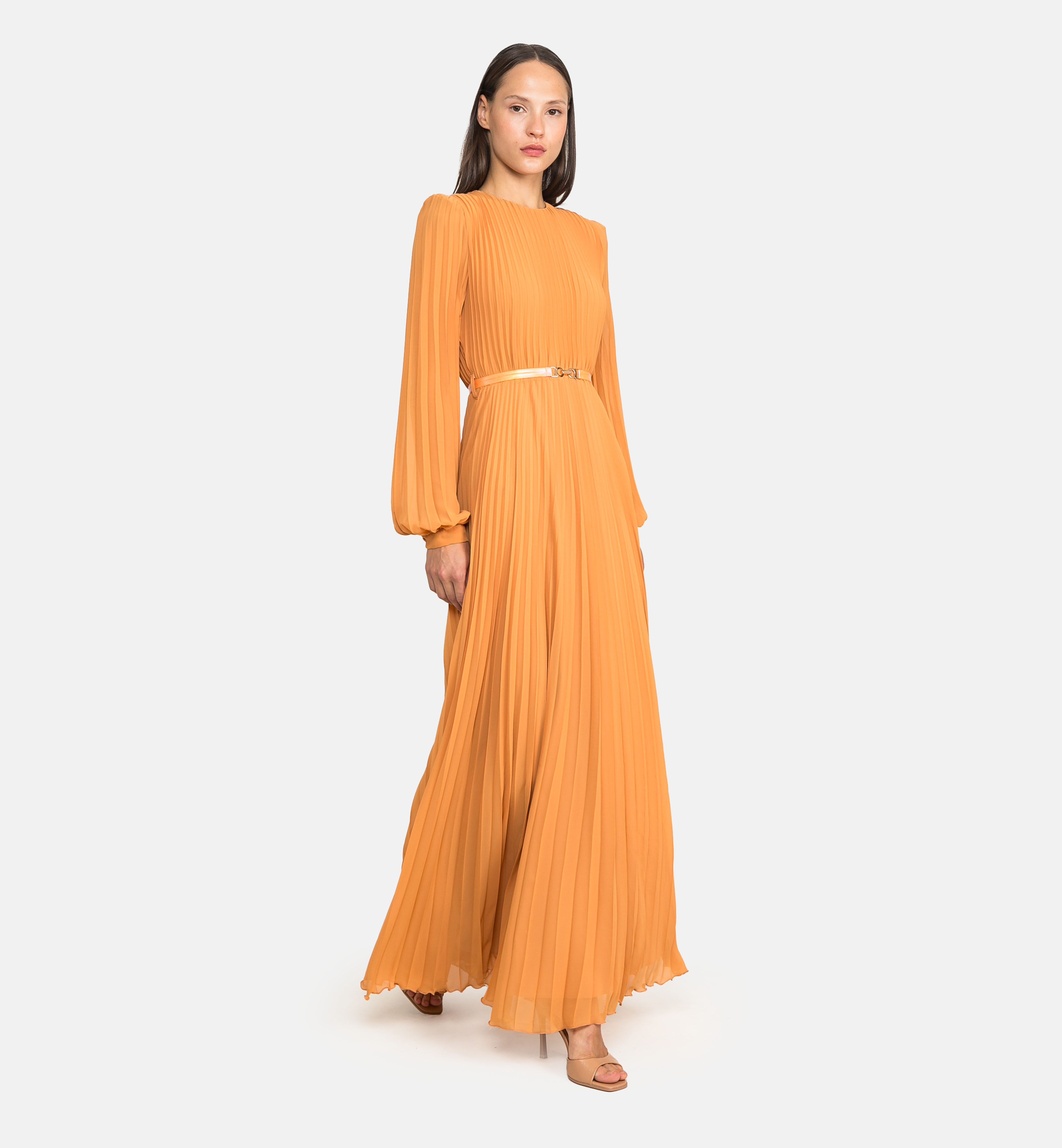Pleated Chiffon Maxi Dress, orange
