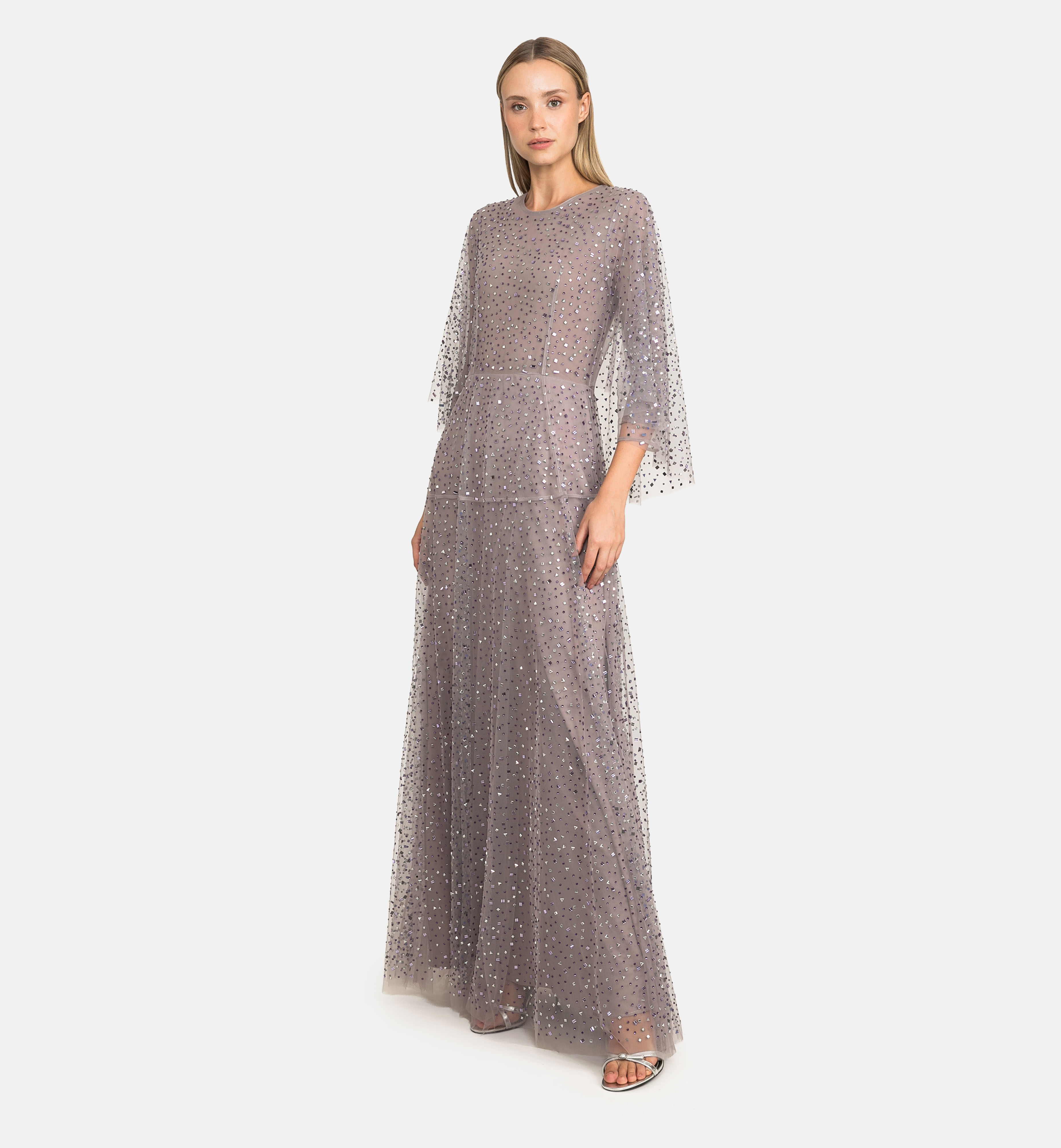 Tulle embellished cape maxi dress, purple