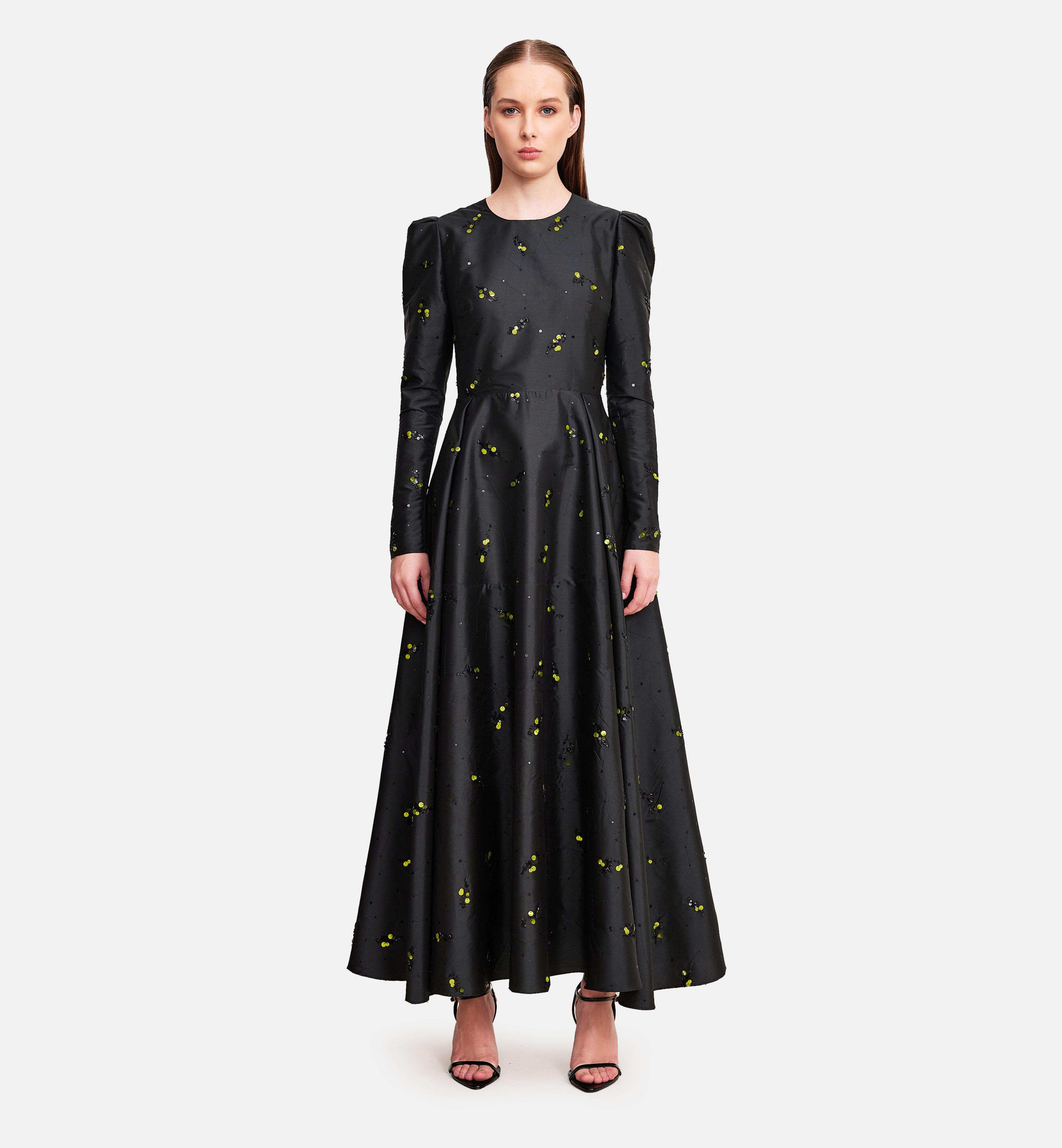 Seqiuns embroidery on taffeta midi dress, black