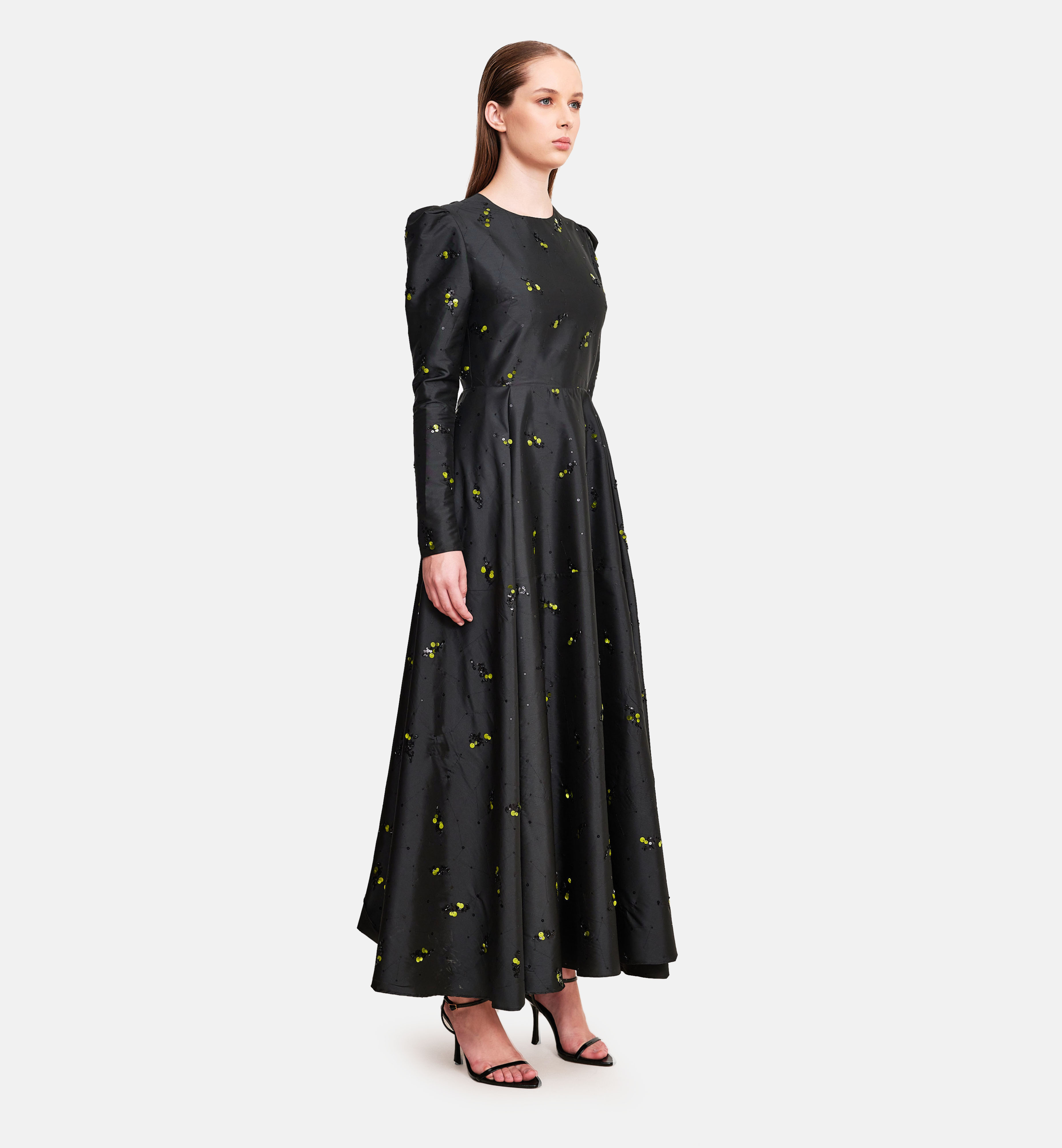 Seqiuns embroidery on taffeta midi dress, black