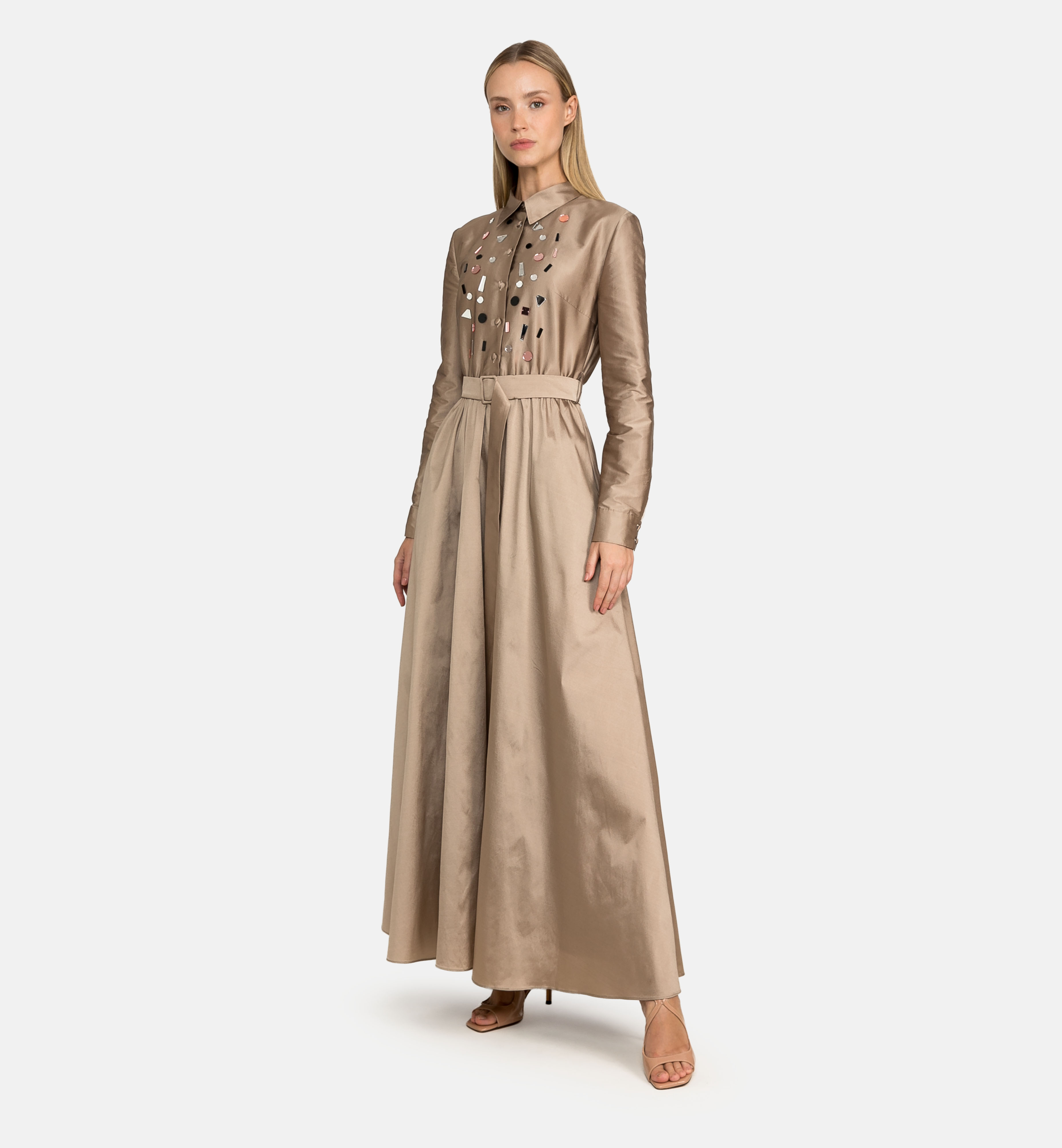 Buttoned taffeta midi dress with geometric embellishments, bronze