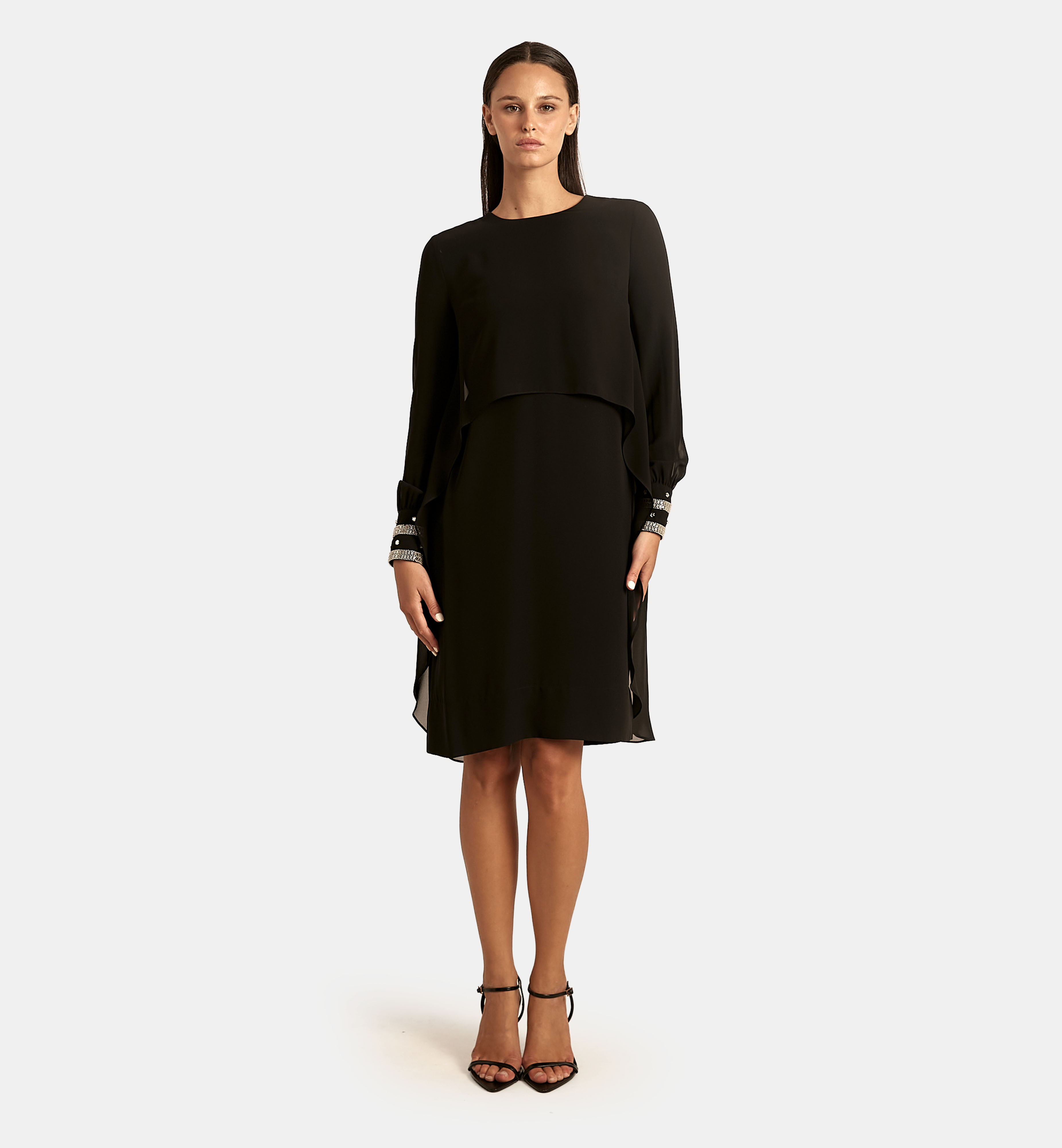 Chiffon Cape Dress with Embellished Sleeves, Black