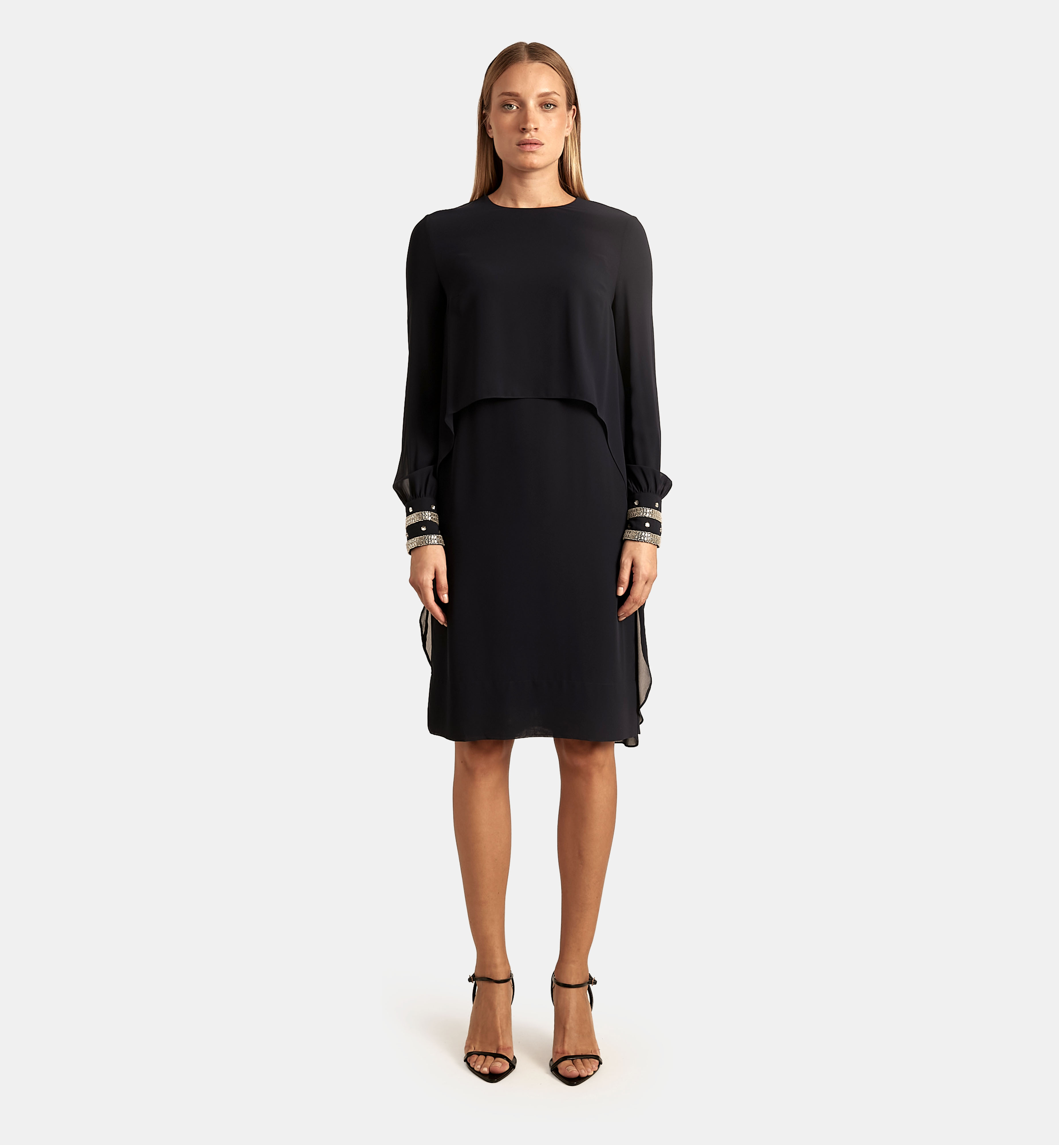 Chiffon Cape Dress with Embellished Sleeves, Blue