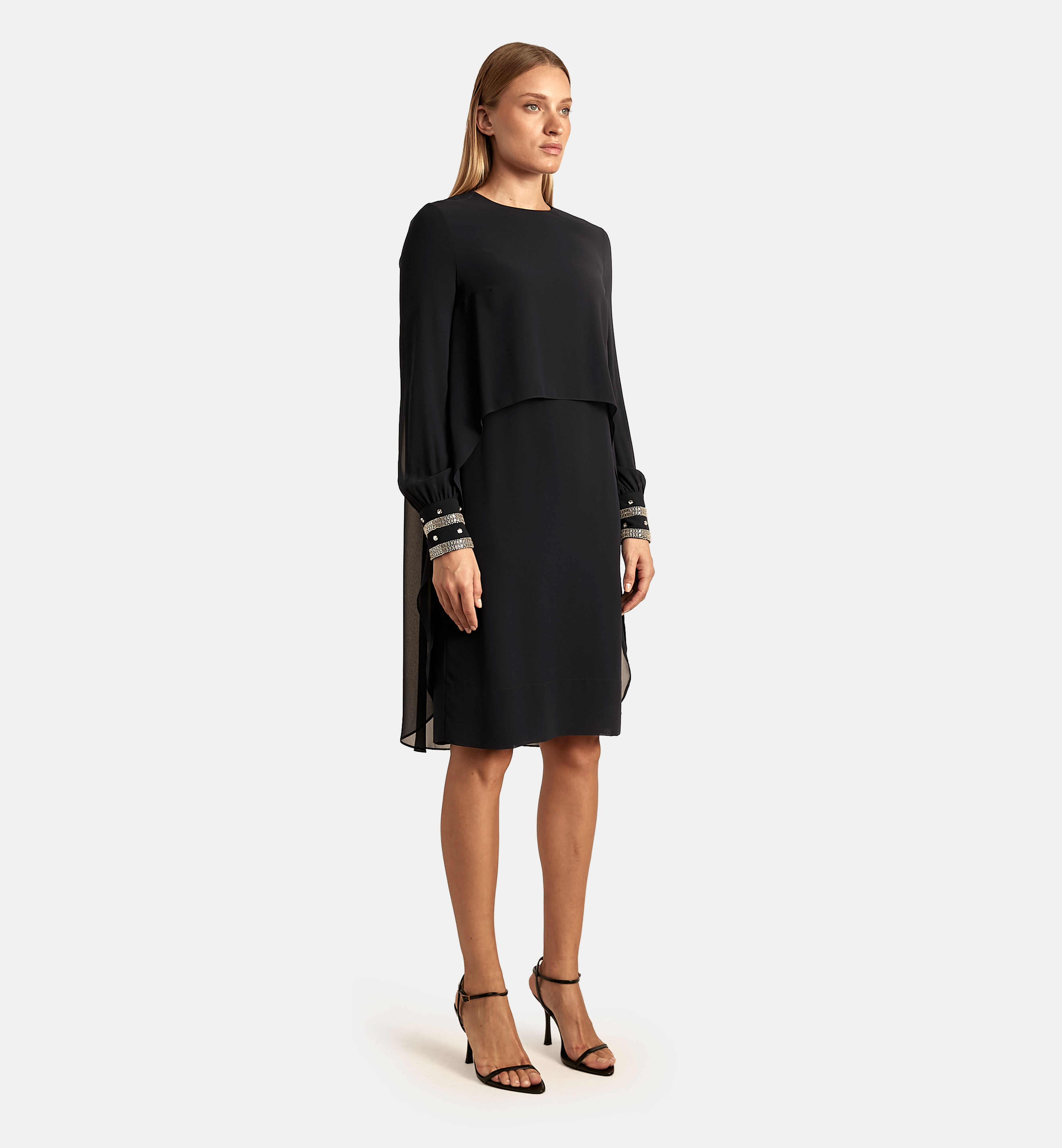 Chiffon Cape Dress with Embellished Sleeves, Blue