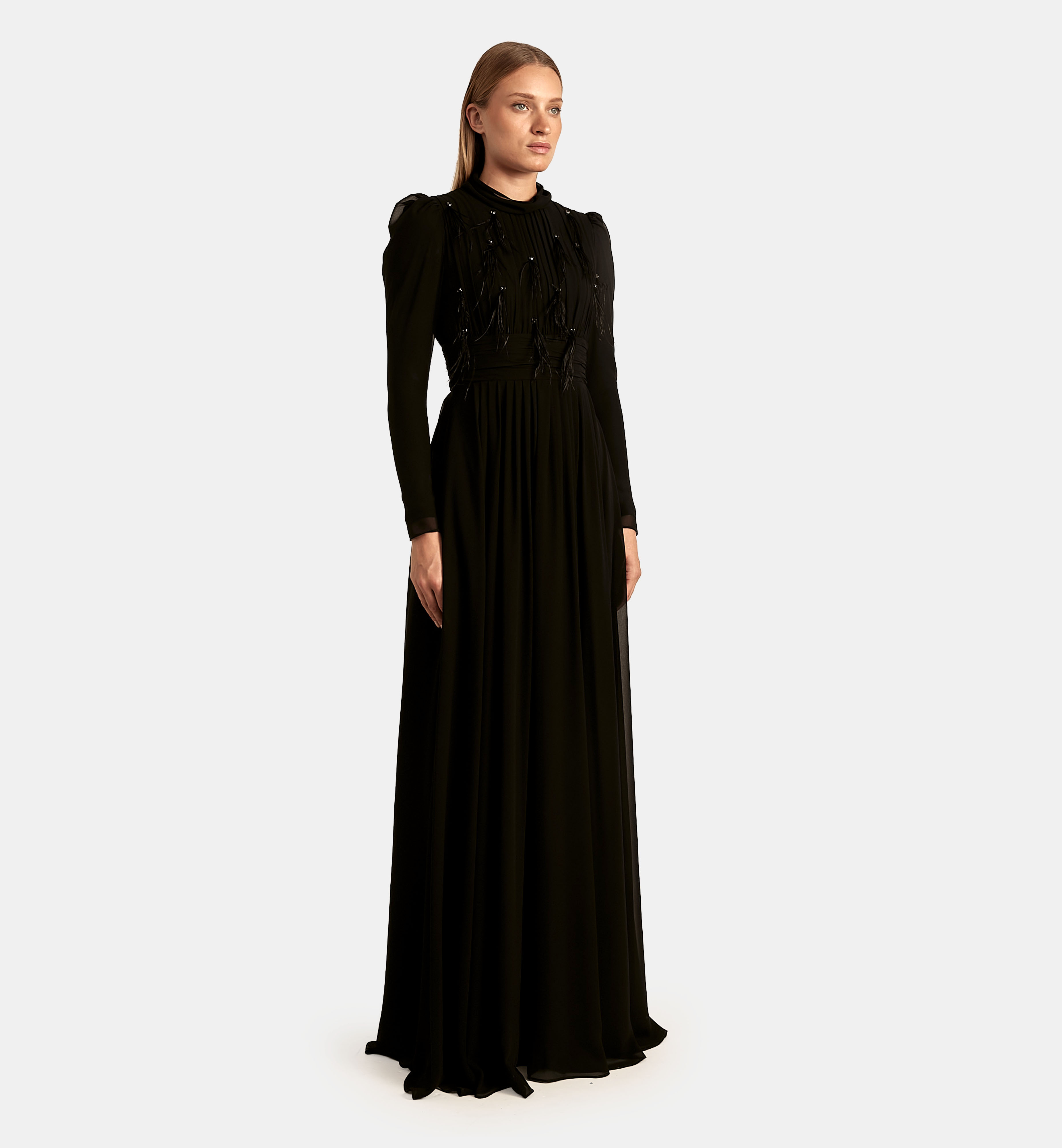 Chiffon Dress with Crystals and Feathers maxi, Powder