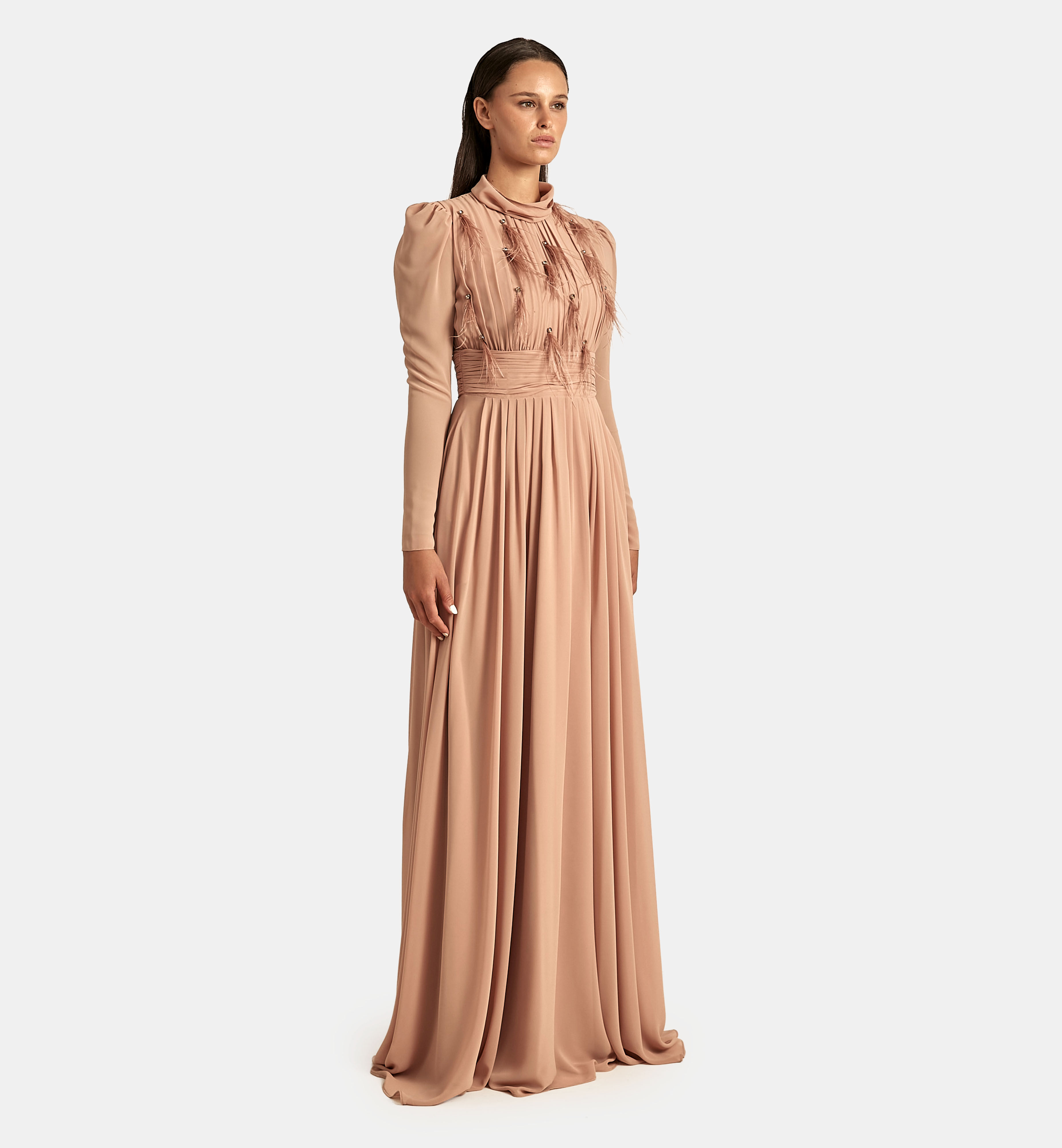 Chiffon Dress with Crystals and Feathers maxi, Black