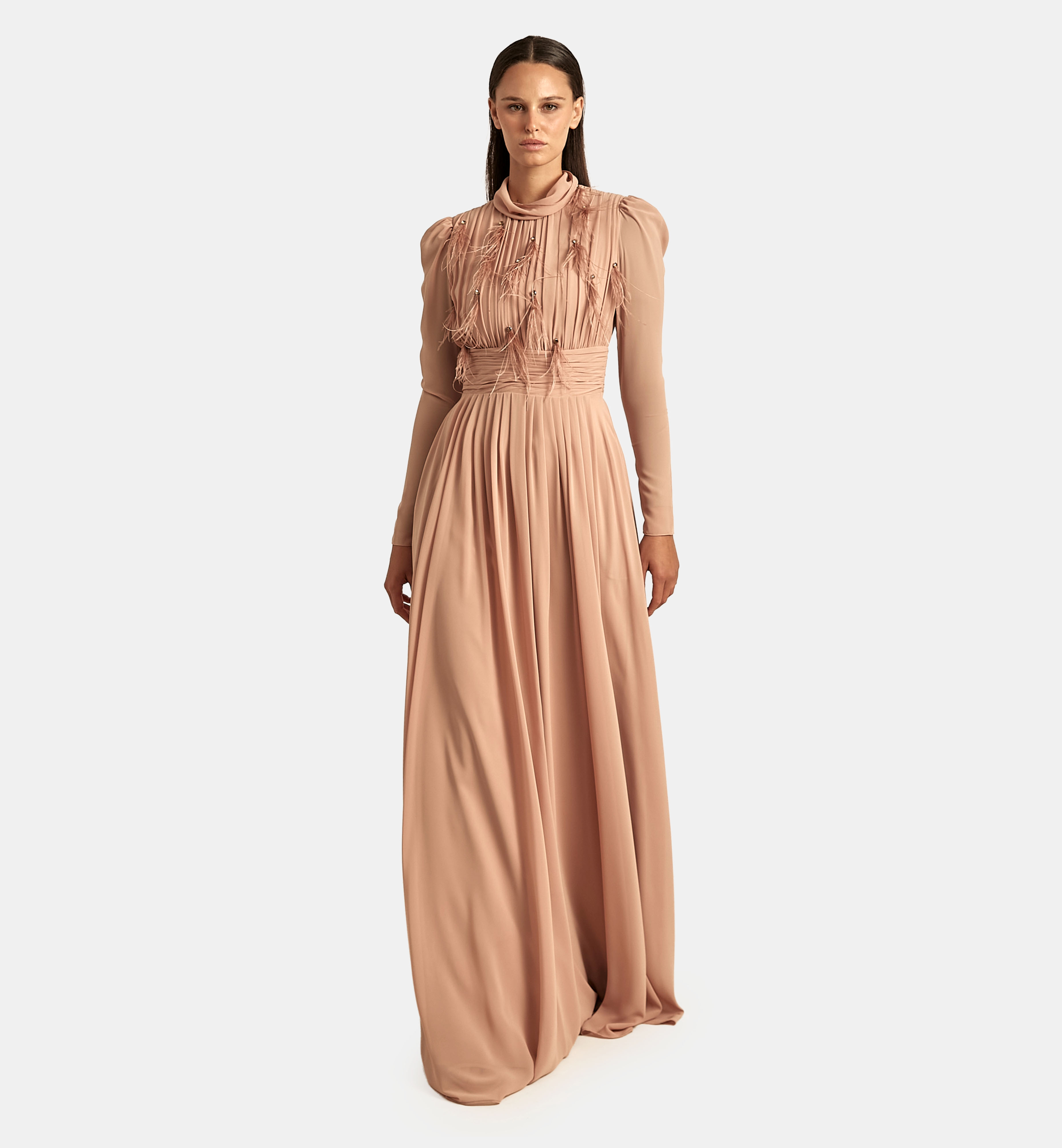Chiffon Dress with Crystals and Feathers maxi, Black