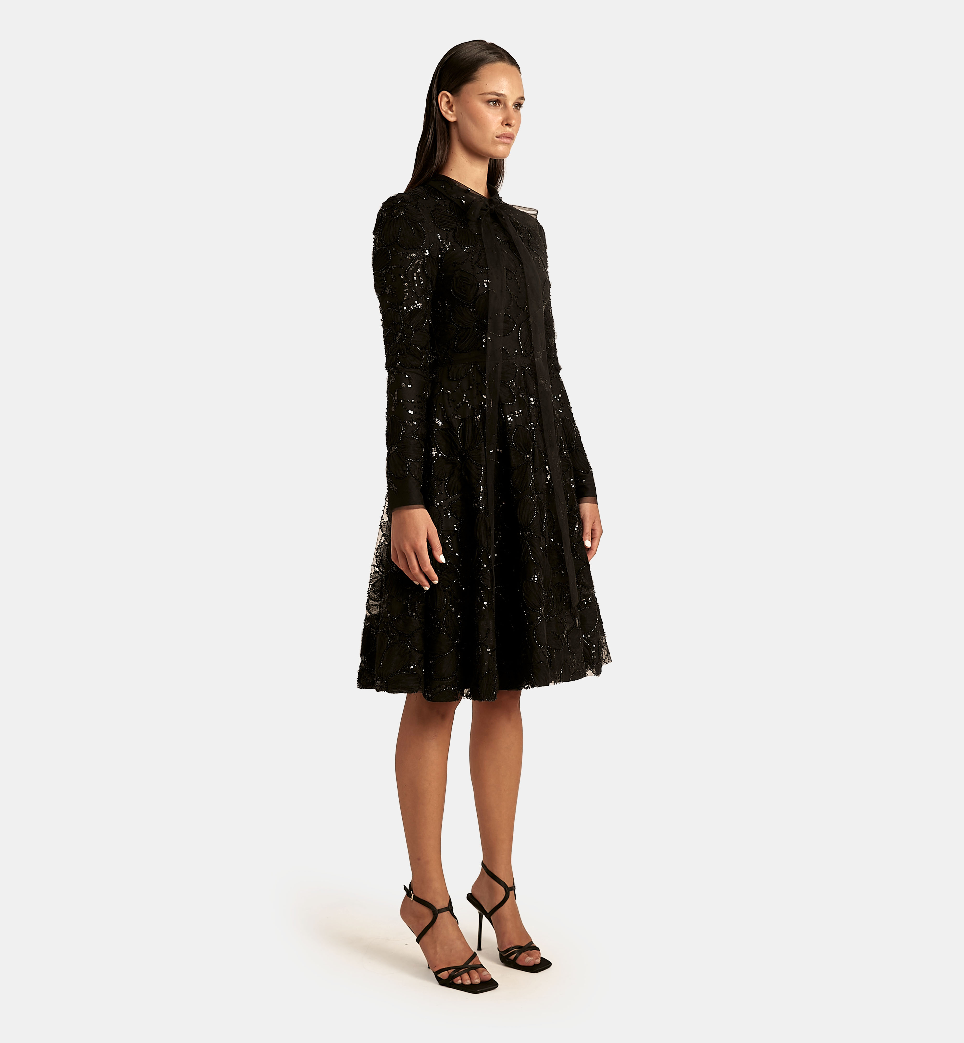 Tulle Dress with Floral Fabric Folds, Black