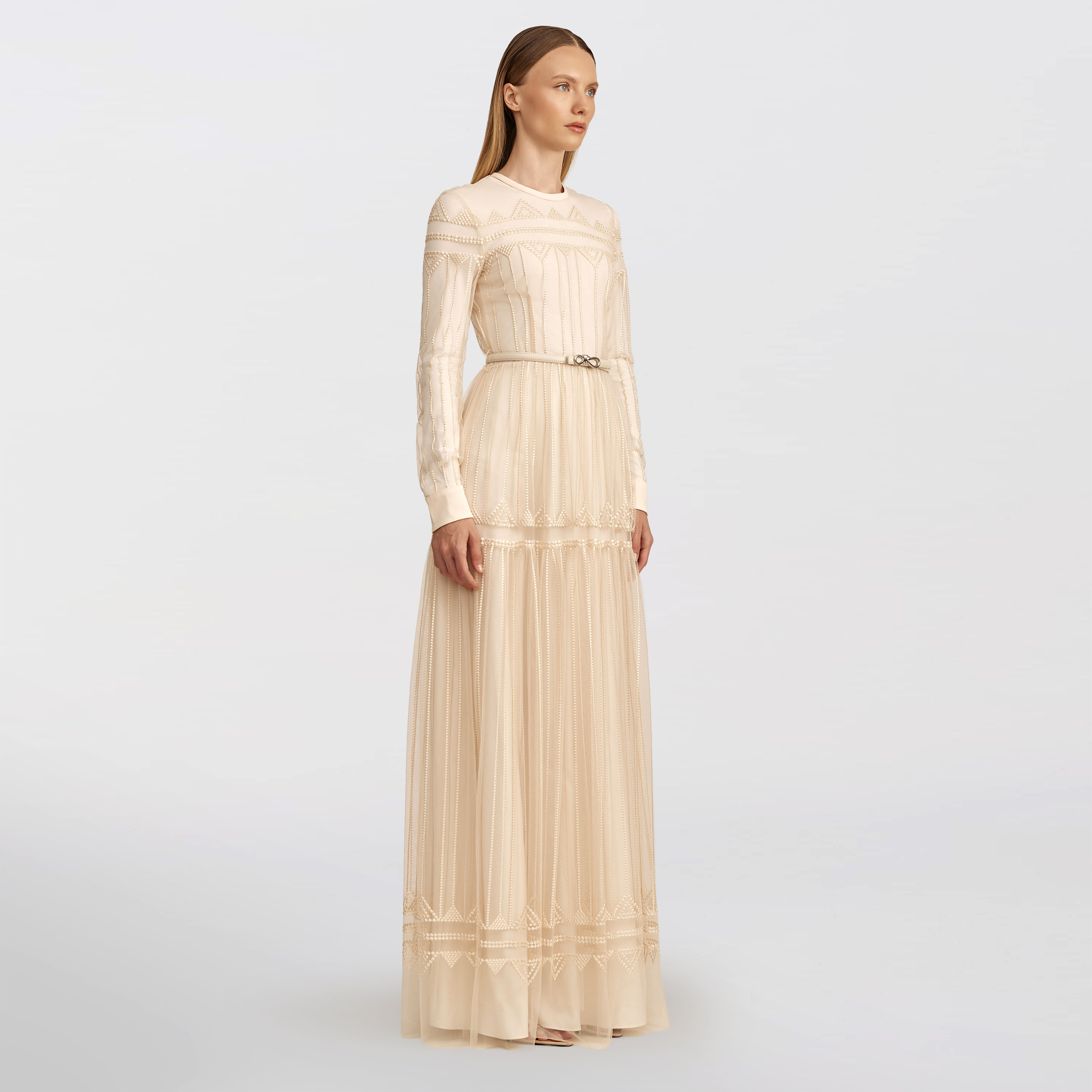 Tulle Dot Embroidered Dress, Beige